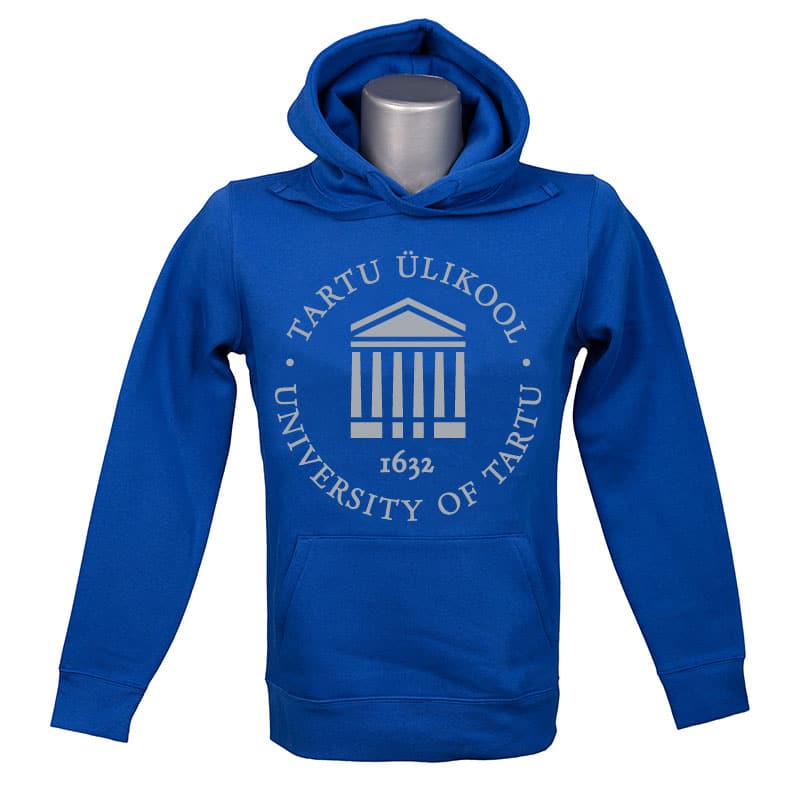 Blue University of Tartu hoodie with a silver circular logo ...